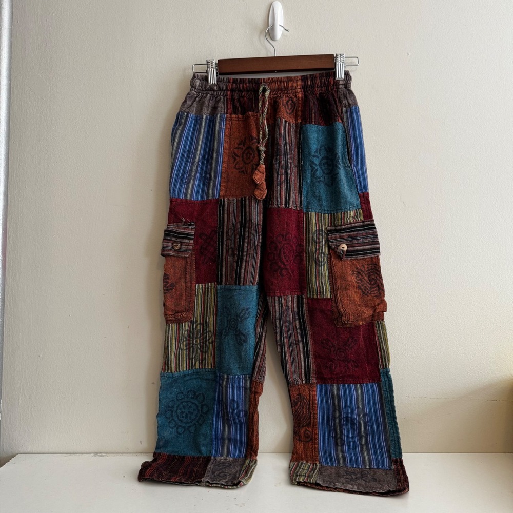 Women's Sz Sm Multicolor Patchwork Pants Indie Sleeze Boho 100% Cotton Fall
